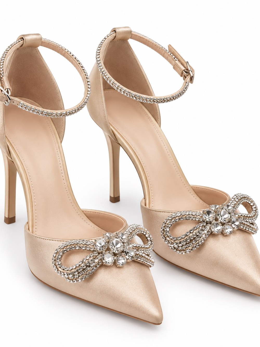 Women's Champagne Satin Pointed-Toe Heels with Crystal Bow Accents